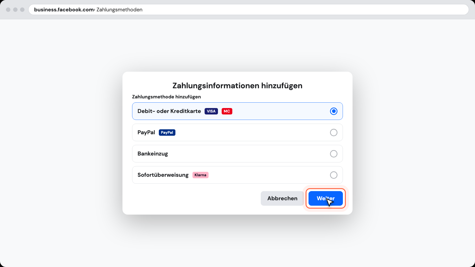 Zahlungsart wählen