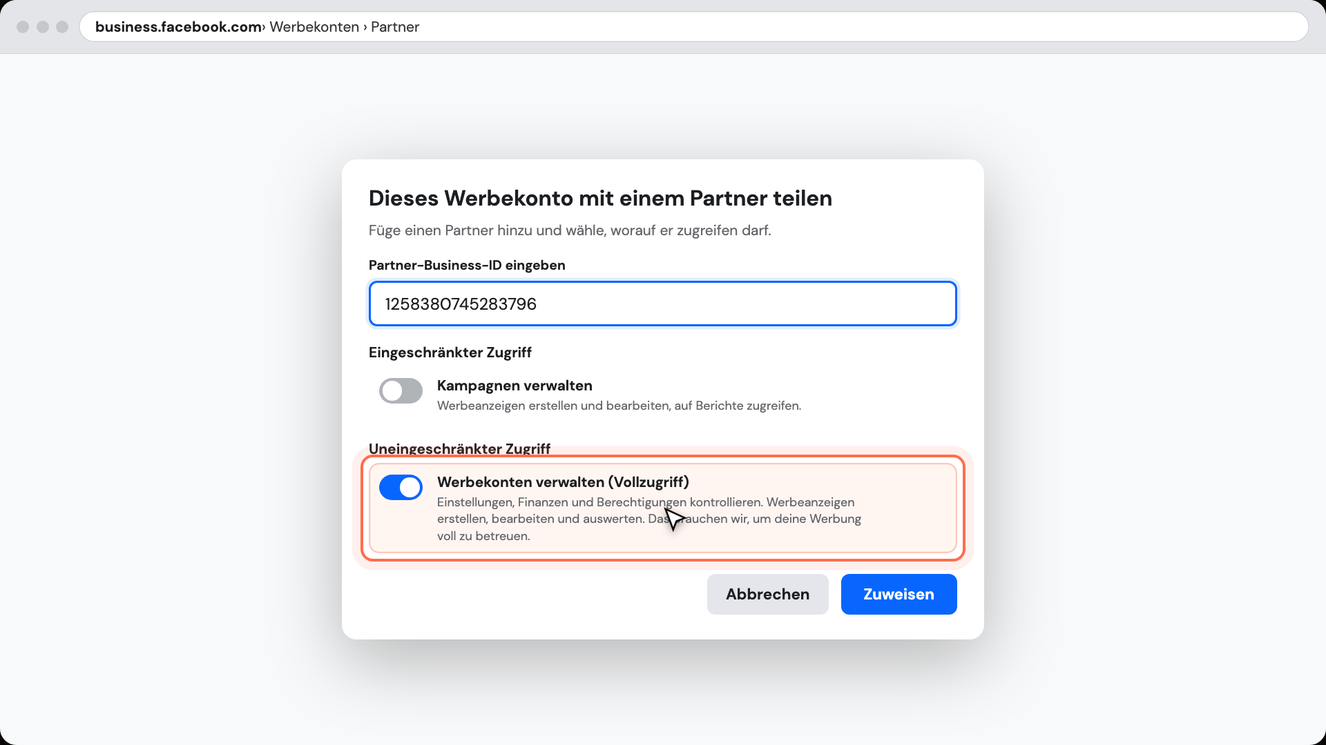 Business-ID und Vollzugriff